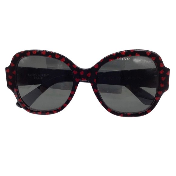 SAINT LAURENT BLACK / RED HEART PATTERN PLASTIC FRAME SUNGLASSES - Picture 1 of 10